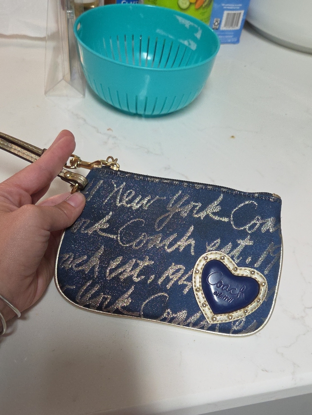 Coach Navy Script Wristlet with Gold Script and Heart Plaque